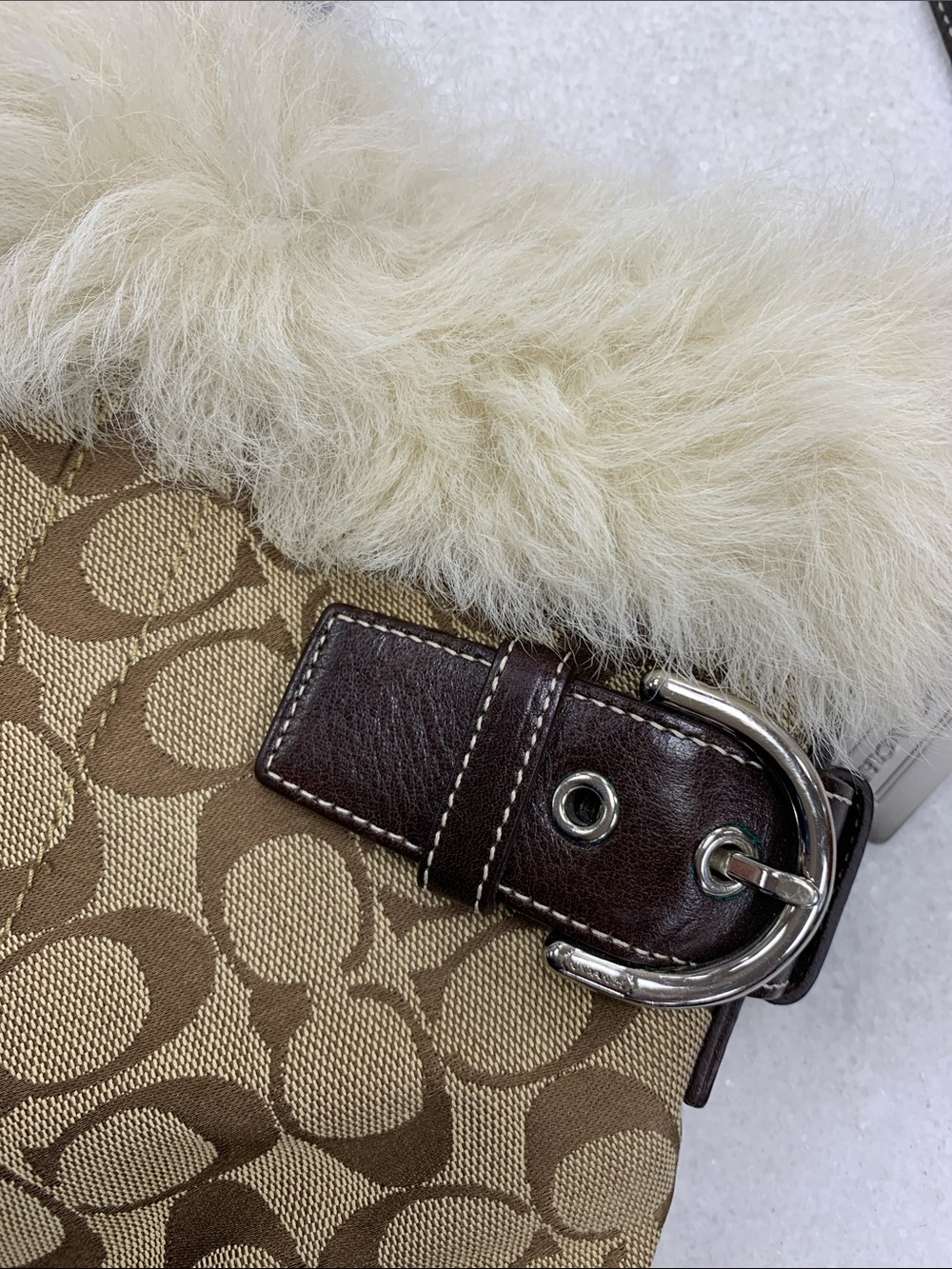 Coach Tan & Brown Signature Jacquard Fur-Trim Shoulder Bag - Picture 5 of 12